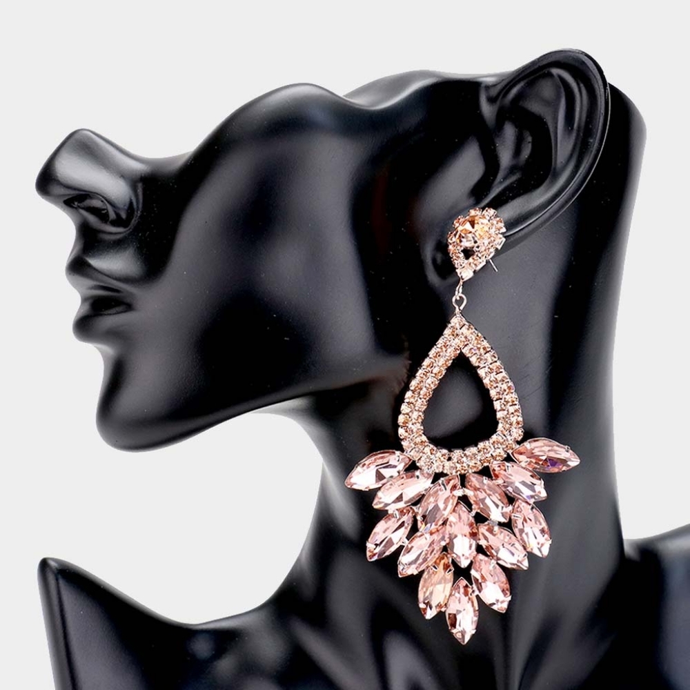 Rose Gold Marquise Cluster Rhinestone Crystal Dangle Earrings Statement Jewelry